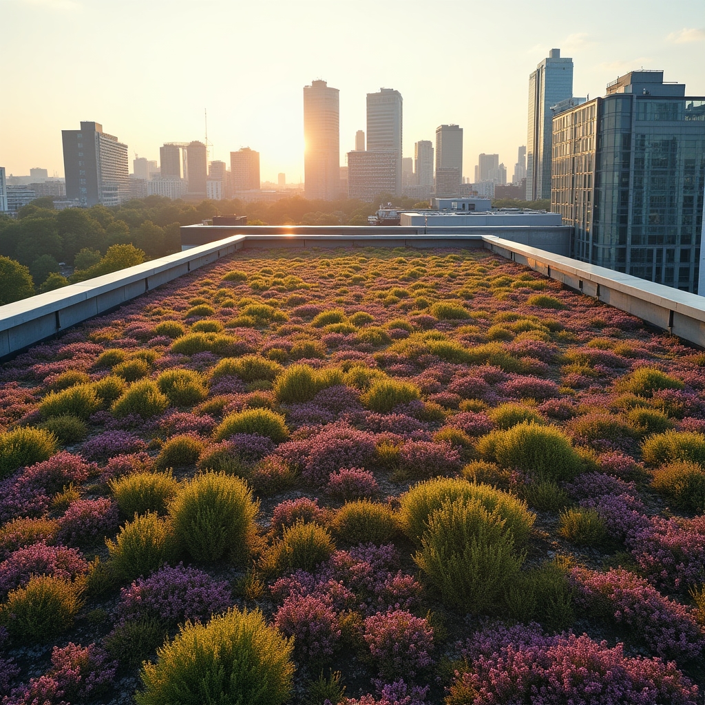 Extensive sedum roof installed on a flat commercial building rooftop in Warsaw