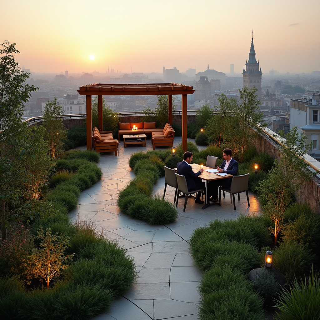 Intensive green roof with walkable garden paths and seating area on a hotel rooftop