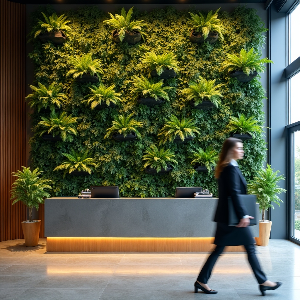 Modular living wall system installed in an office building lobby reception area