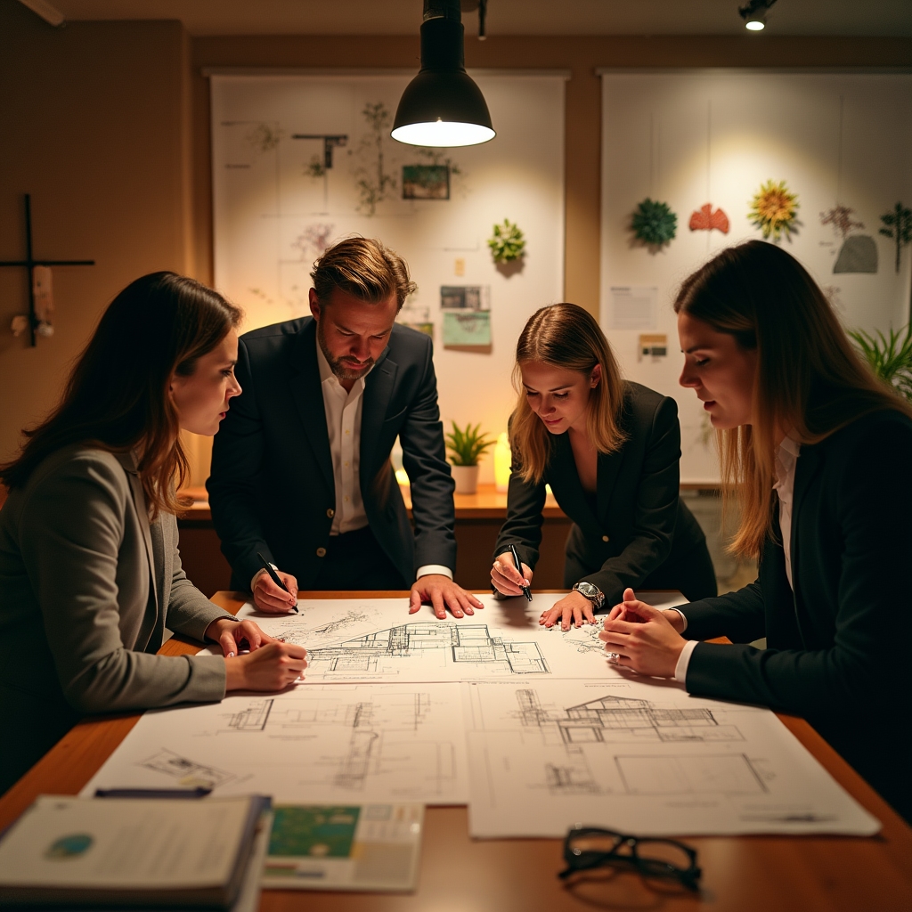 Project team reviewing green roof installation plans and drawings around a table